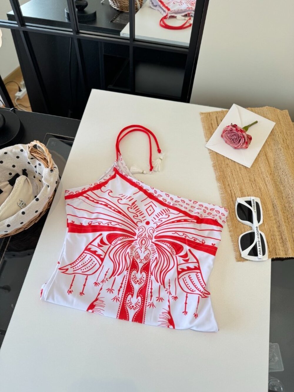 Versace Red and White Pattern One-Shoulder One-Piece Swimsuit - Picture 6 of 9